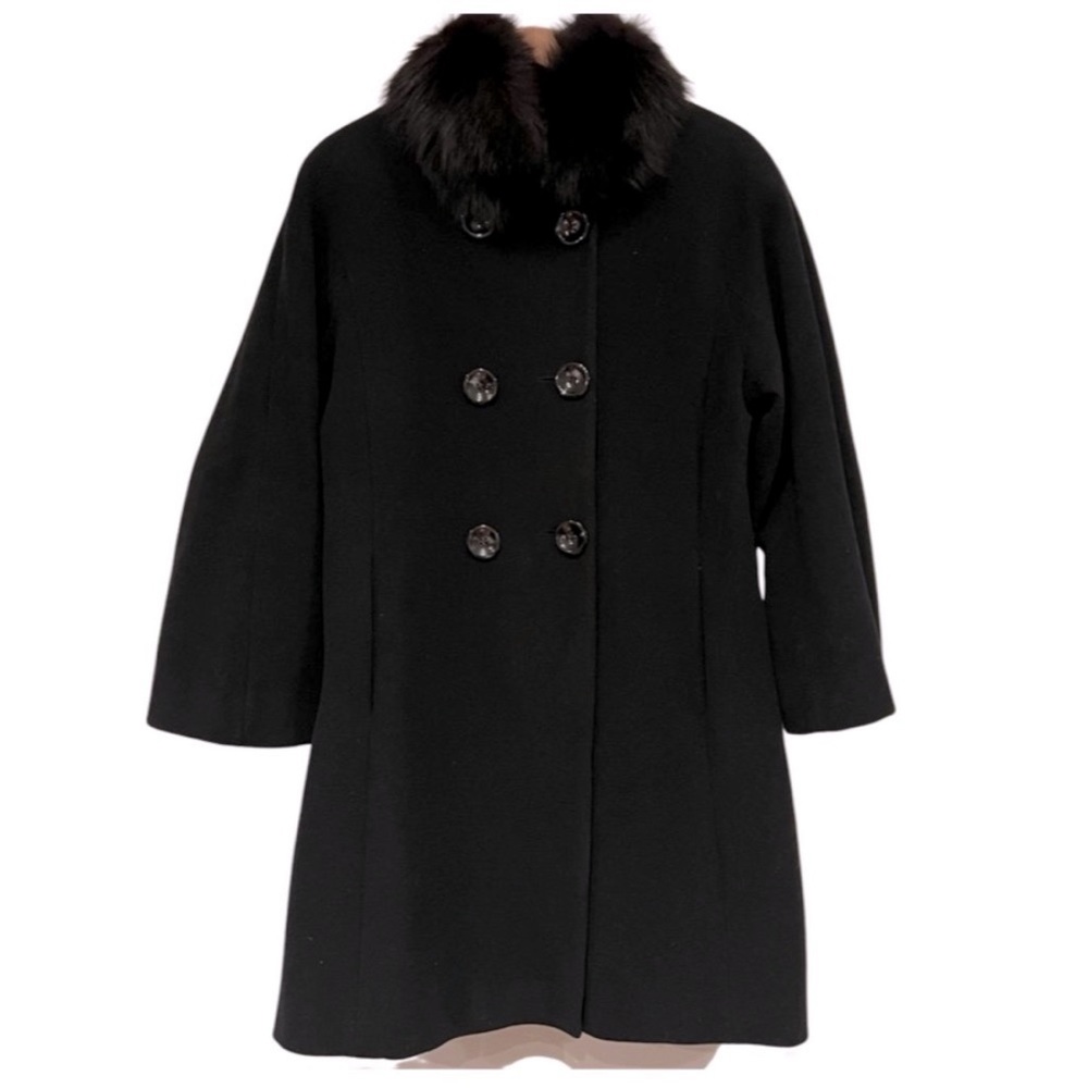 Rare Saga Furs 1 Madison $495 Coat Wool Cashmere Black Fox Fur Double Breasted